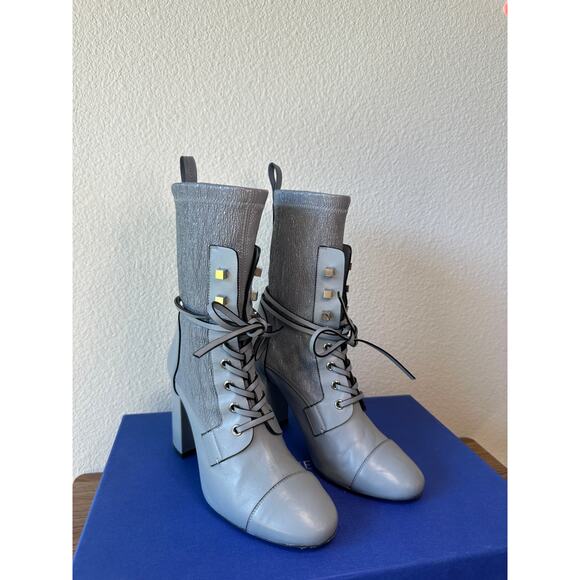 Stuart Weitzman Veruka Booties Gray Leather Lace-Up Block Heel Boots Sz 7 - Picture 5 of 5